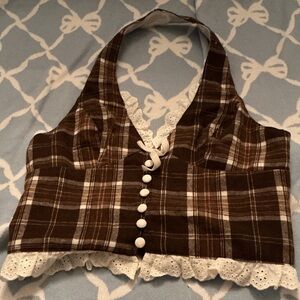 Brown Plaid Halter Vest with Lace Trim
